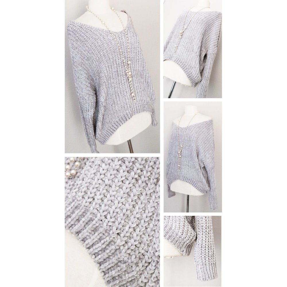 Pale Grey Off Shoulder Soft Chenille VNeck Sweater - Picture 4 of 8